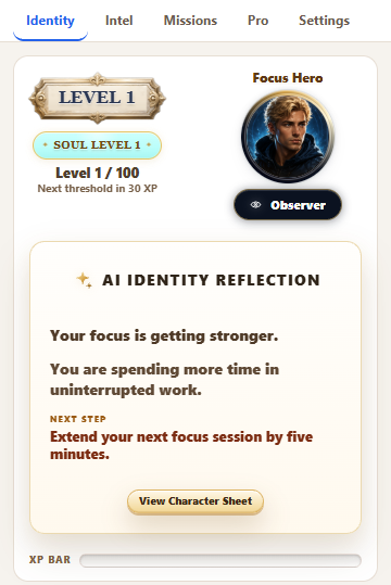 Current FocusTrack Chrome Extension popup with identity progress and Identity Reflection.